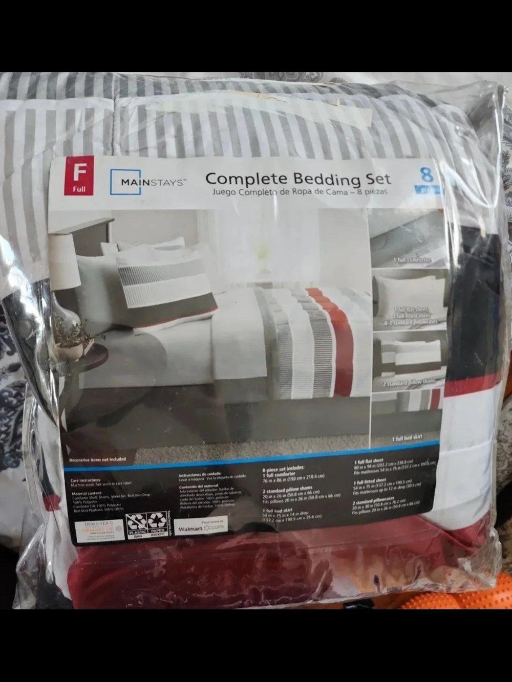 Mainstays Full Complete Bedding Set - Gray, White & Red Stripe
